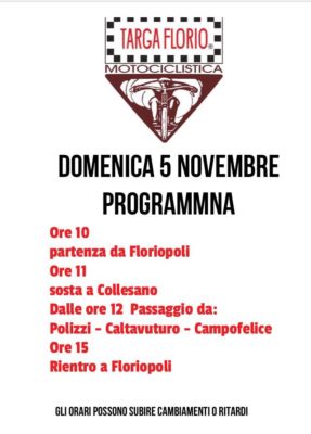 XIX Targa Florio Motociclistica. Programma Domenica 5 Novembre